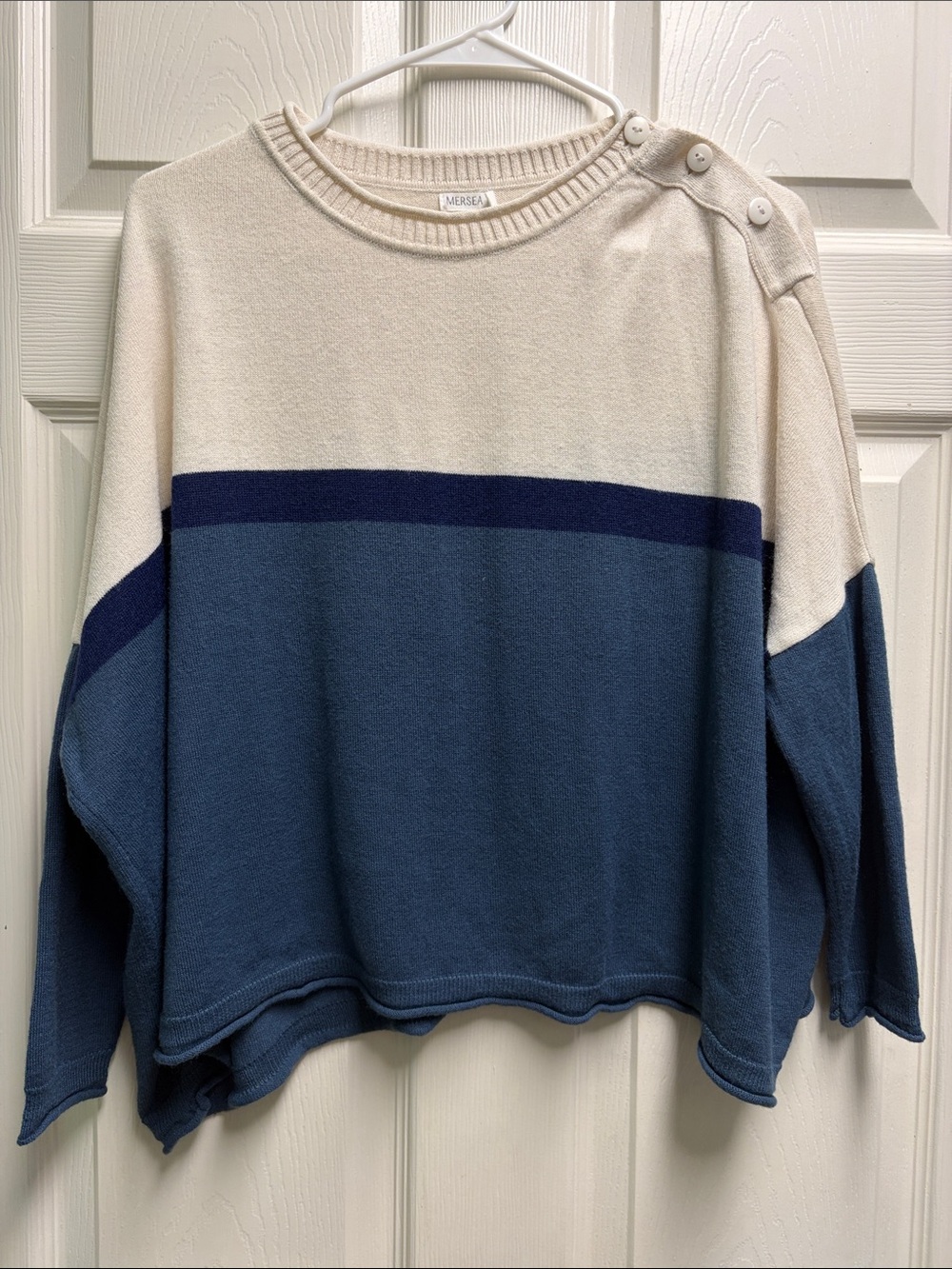 Mersea Cream & Blue Button-Shoulder Crewneck Sweater
